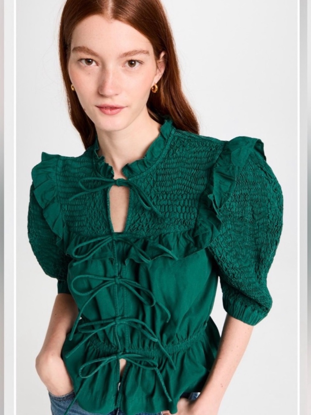 Sea Teal Smocked Ruffle Blouse, Size S, Like New